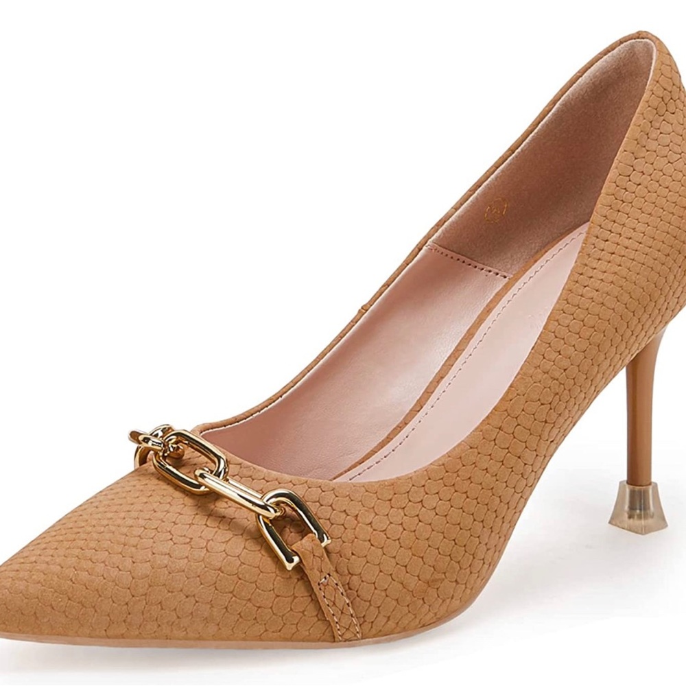 PiePieBuy Womens Pointed Toe Pumps Gold Metal Chain Stiletto